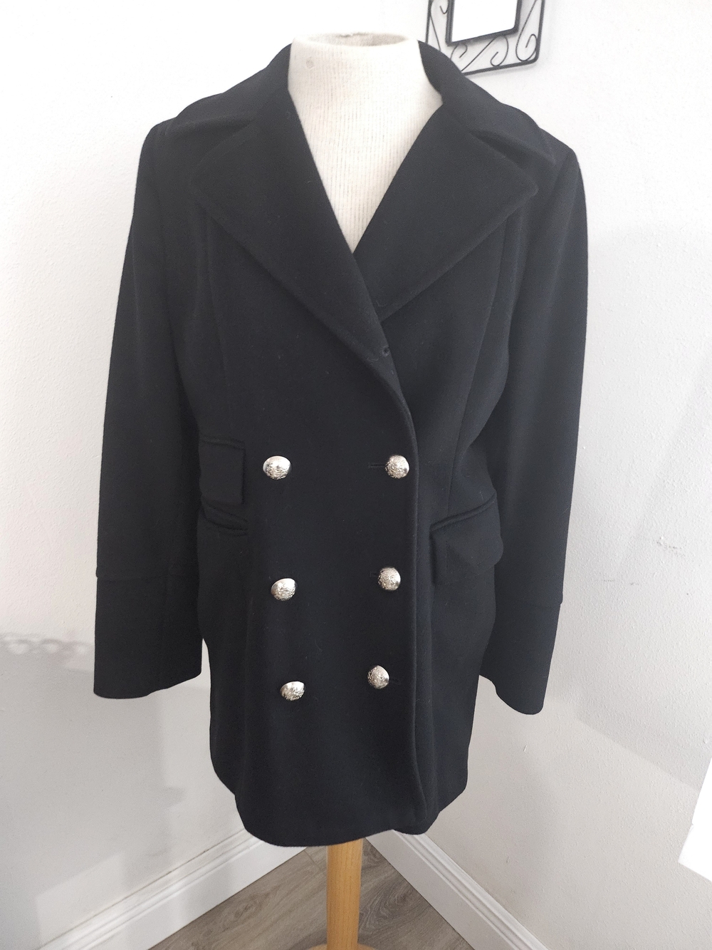 Michael Kors 100% Wool Double Breasted Officer Peacoat Black.